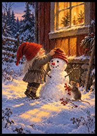 Un elfo viste a un muñeco de nieve en el cálido crepúsculo invernal a las afueras de la cabaña.-6