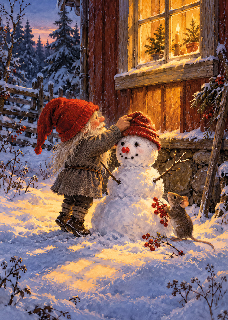 Un elfo viste a un muñeco de nieve en el cálido crepúsculo invernal a las afueras de la cabaña.-12