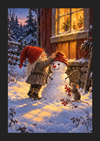 Un elfo viste a un muñeco de nieve en el cálido crepúsculo invernal a las afueras de la cabaña.-5