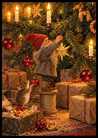 Un Papá Noel y un ratoncito decoran el árbol con cálidas luces navideñas doradas.-6
