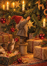 Un Papá Noel y un ratoncito decoran el árbol con cálidas luces navideñas doradas.-7