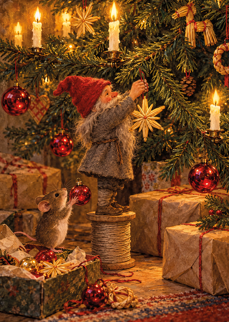 Un Papá Noel y un ratoncito decoran el árbol con cálidas luces navideñas doradas.-12