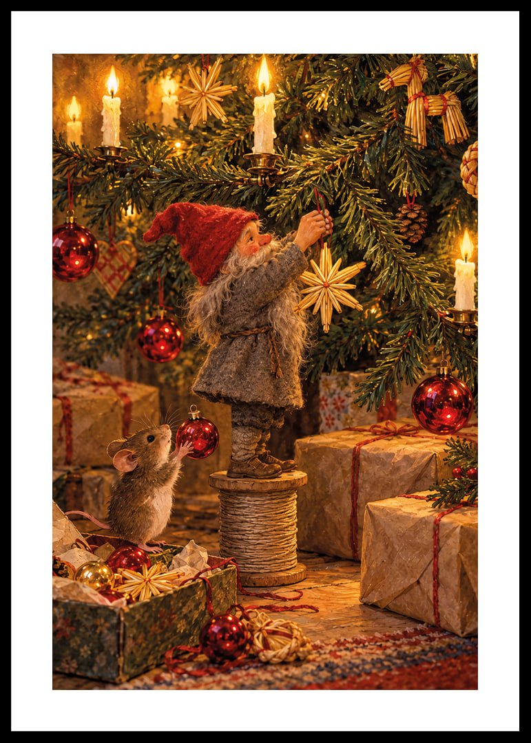Un Papá Noel y un ratoncito decoran el árbol con cálidas luces navideñas doradas.-12