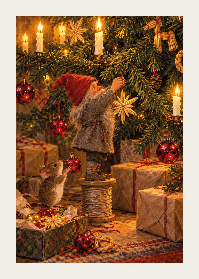 Un Papá Noel y un ratoncito decoran el árbol con cálidas luces navideñas doradas.-12