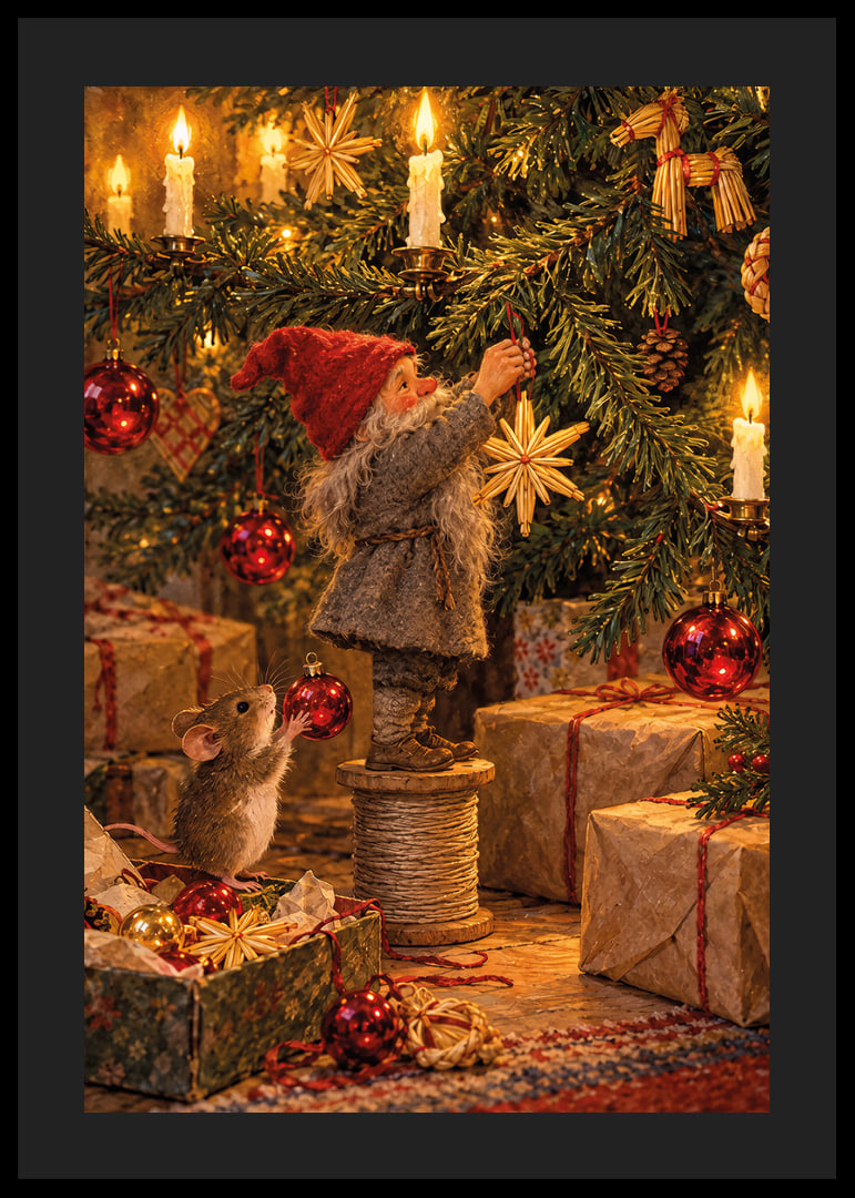 Un Papá Noel y un ratoncito decoran el árbol con cálidas luces navideñas doradas.-12