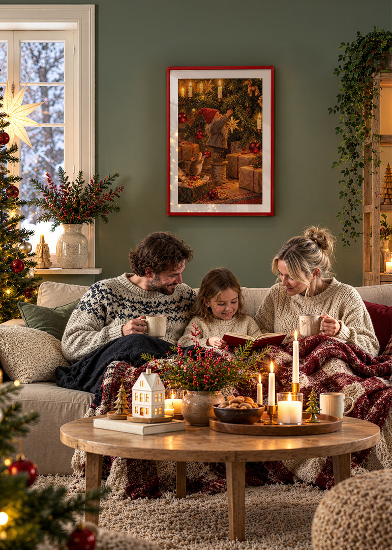 Un Papá Noel y un ratoncito decoran el árbol con cálidas luces navideñas doradas.-12