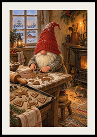 Un elfo hornea galletas de jengibre junto a la estufa de leña en una cálida cabaña navideña nevada.-2