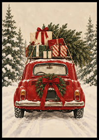 Un coche antiguo rojo, cargado de regalos de Navidad, atraviesa un bosque de abetos nevado.-6