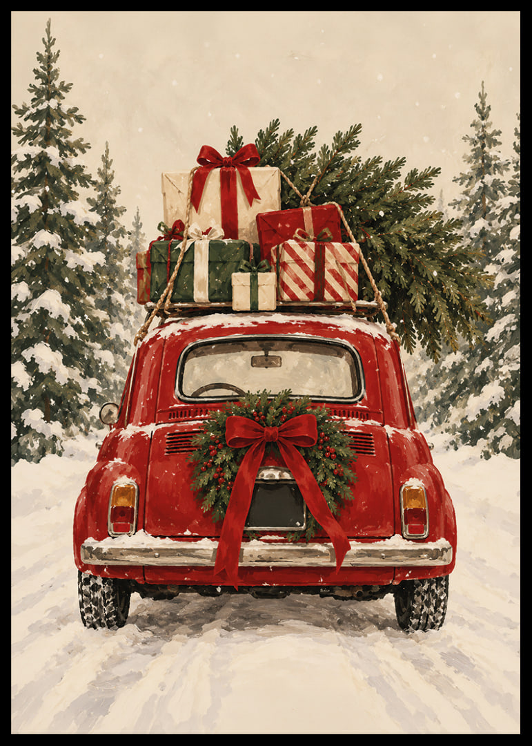 Un coche antiguo rojo, cargado de regalos de Navidad, atraviesa un bosque de abetos nevado.-12