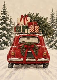 Un coche antiguo rojo, cargado de regalos de Navidad, atraviesa un bosque de abetos nevado.-7