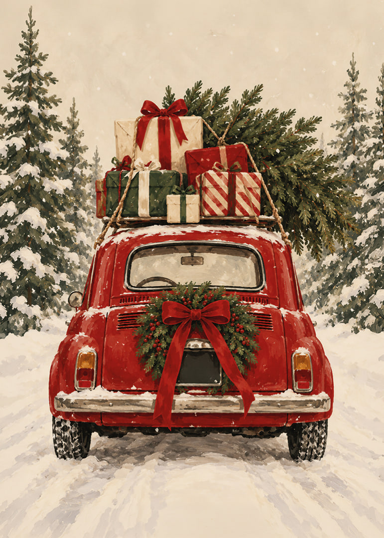 Un coche antiguo rojo, cargado de regalos de Navidad, atraviesa un bosque de abetos nevado.-12