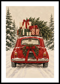 Un coche antiguo rojo, cargado de regalos de Navidad, atraviesa un bosque de abetos nevado.-0