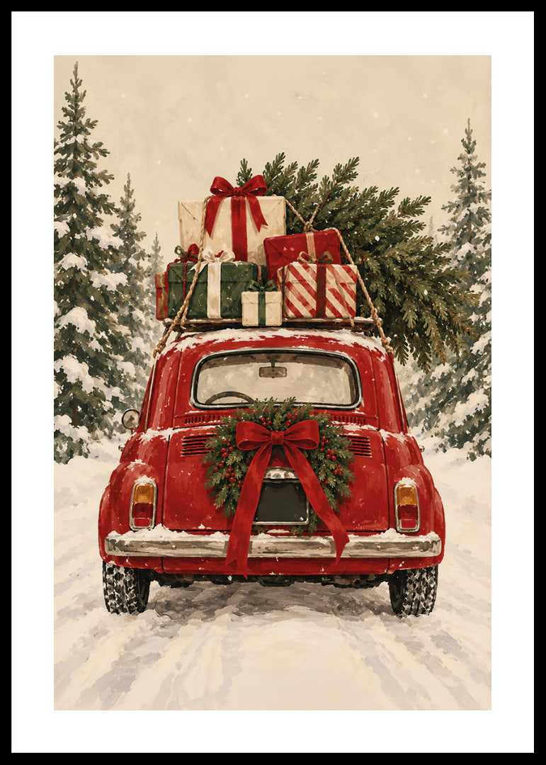 Un coche antiguo rojo, cargado de regalos de Navidad, atraviesa un bosque de abetos nevado.-12