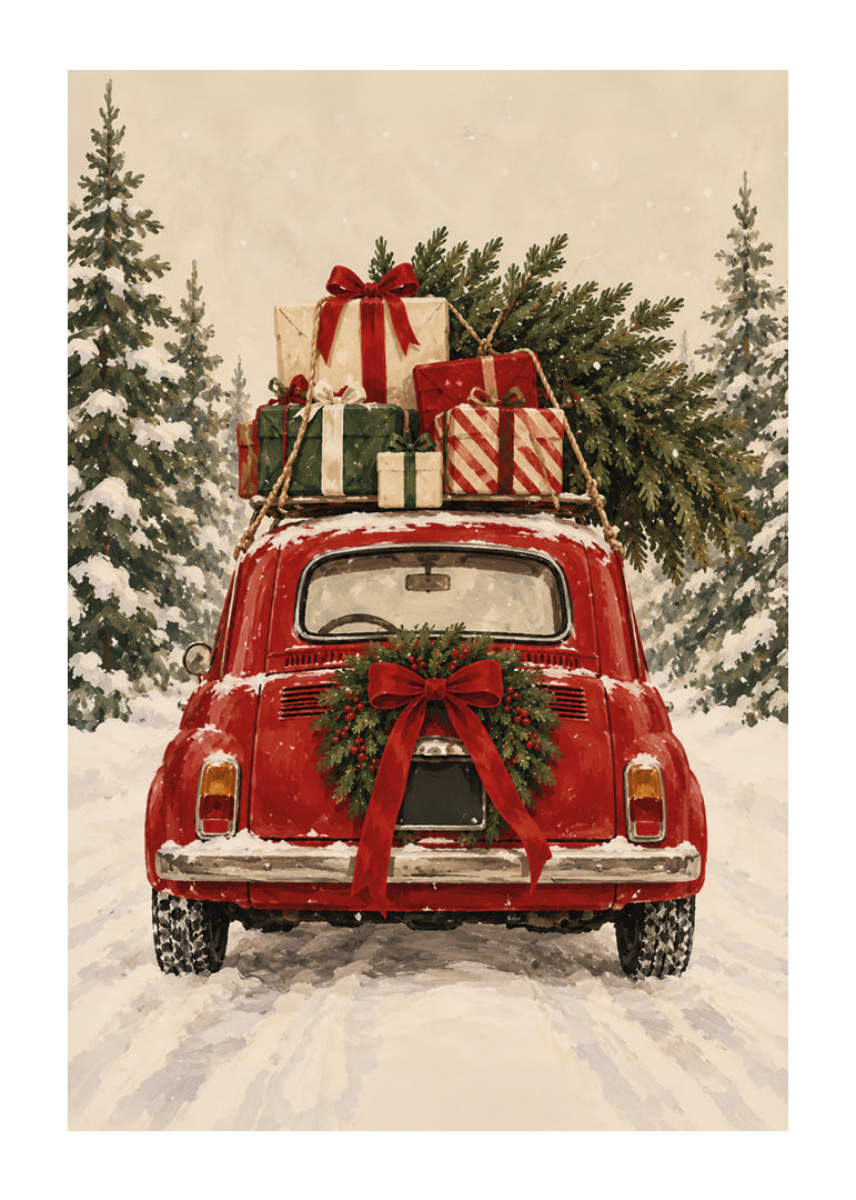 Un coche antiguo rojo, cargado de regalos de Navidad, atraviesa un bosque de abetos nevado.-12