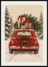 Un coche antiguo rojo, cargado de regalos de Navidad, atraviesa un bosque de abetos nevado.-2