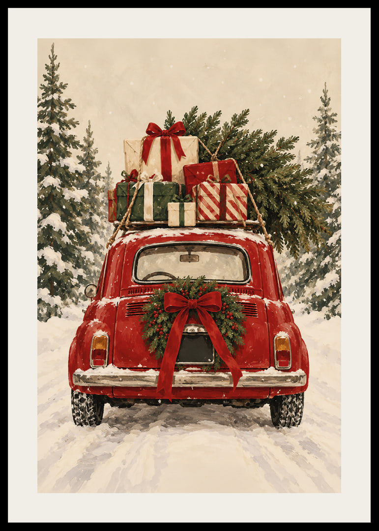 Un coche antiguo rojo, cargado de regalos de Navidad, atraviesa un bosque de abetos nevado.-12