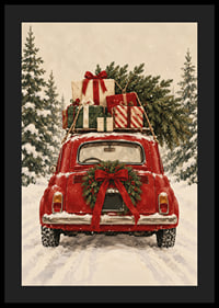 Un coche antiguo rojo, cargado de regalos de Navidad, atraviesa un bosque de abetos nevado.-4