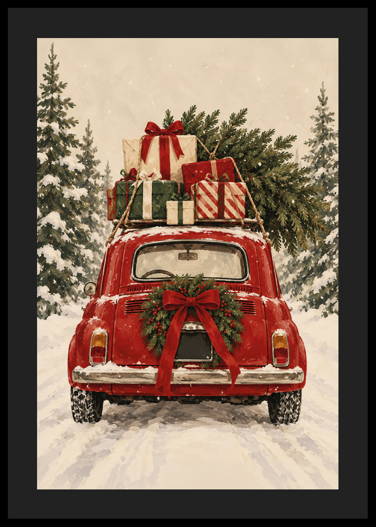Un coche antiguo rojo, cargado de regalos de Navidad, atraviesa un bosque de abetos nevado.-12