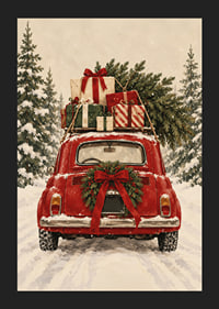 Un coche antiguo rojo, cargado de regalos de Navidad, atraviesa un bosque de abetos nevado.-5