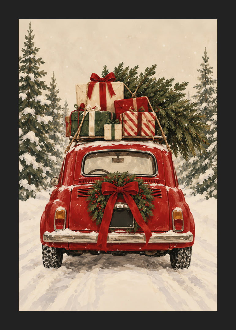 Un coche antiguo rojo, cargado de regalos de Navidad, atraviesa un bosque de abetos nevado.-12