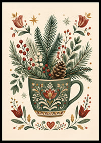 Una taza de té tradicional llena de abeto, piñas y bayas rojas de invierno.-0