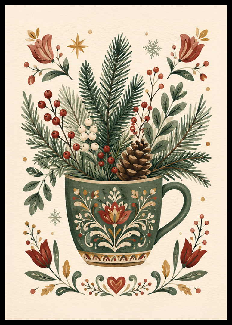 Una taza de té tradicional llena de abeto, piñas y bayas rojas de invierno.-12