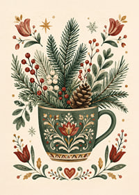 Una taza de té tradicional llena de abeto, piñas y bayas rojas de invierno.-1
