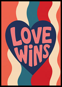 Een donkerblauw hart met de boodschap LOVE WINS in warme retrokleuren.-6