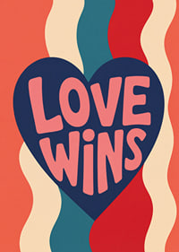 Een donkerblauw hart met de boodschap LOVE WINS in warme retrokleuren.-7