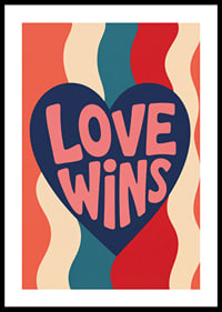 Een donkerblauw hart met de boodschap LOVE WINS in warme retrokleuren.-0