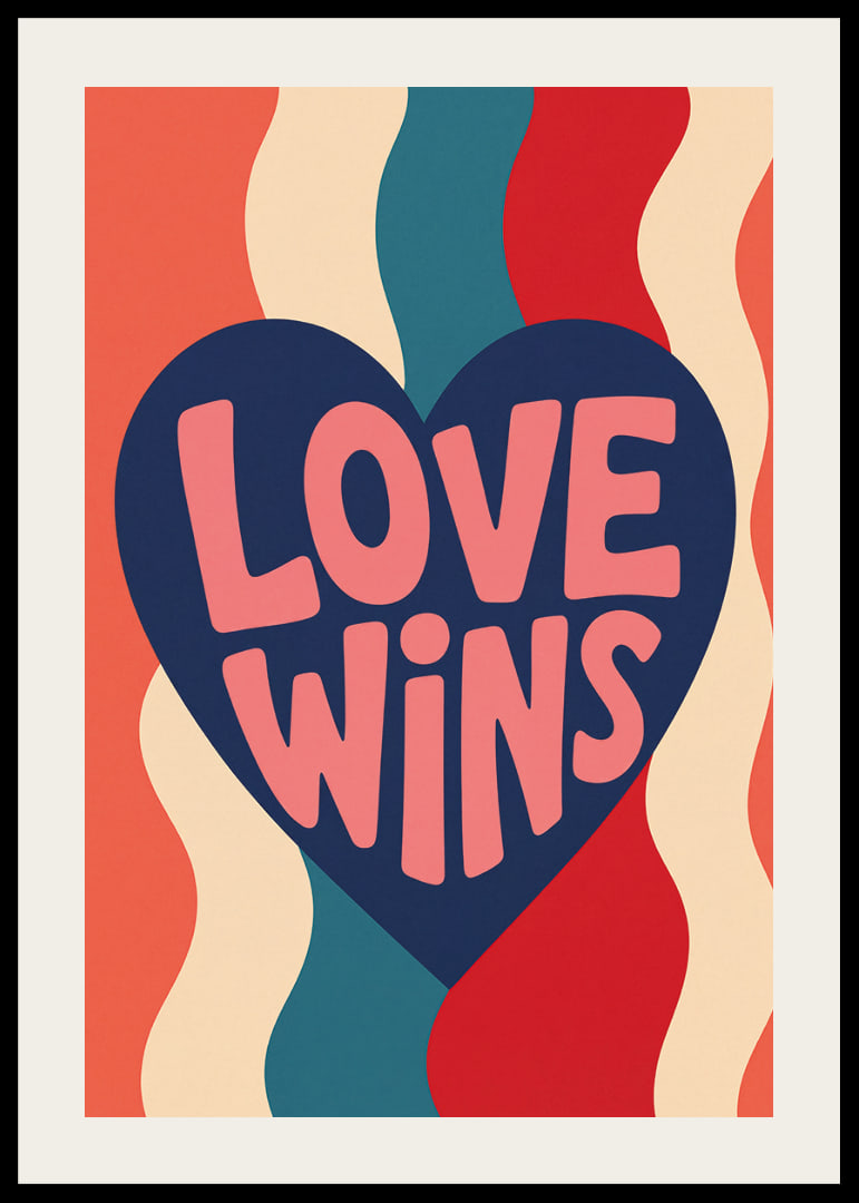 Een donkerblauw hart met de boodschap LOVE WINS in warme retrokleuren.-12