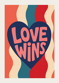 Een donkerblauw hart met de boodschap LOVE WINS in warme retrokleuren.-3