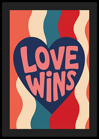 Een donkerblauw hart met de boodschap LOVE WINS in warme retrokleuren.-4