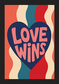 Een donkerblauw hart met de boodschap LOVE WINS in warme retrokleuren.-5
