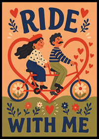 Een charmante illustratie van een stel op een tandemfiets, omringd door hartjes en bloemen.-6