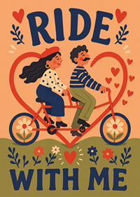 Een charmante illustratie van een stel op een tandemfiets, omringd door hartjes en bloemen.-7