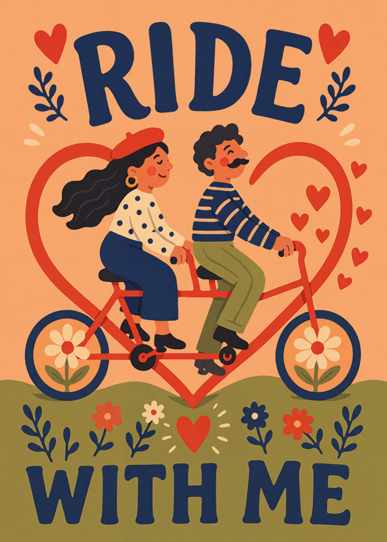 Een charmante illustratie van een stel op een tandemfiets, omringd door hartjes en bloemen.-12