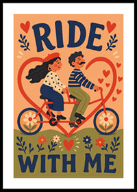 Een charmante illustratie van een stel op een tandemfiets, omringd door hartjes en bloemen.-0