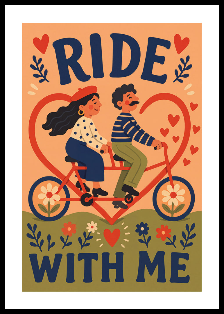Een charmante illustratie van een stel op een tandemfiets, omringd door hartjes en bloemen.-12