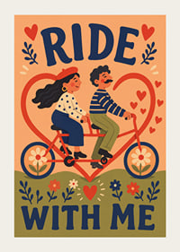 Een charmante illustratie van een stel op een tandemfiets, omringd door hartjes en bloemen.-3
