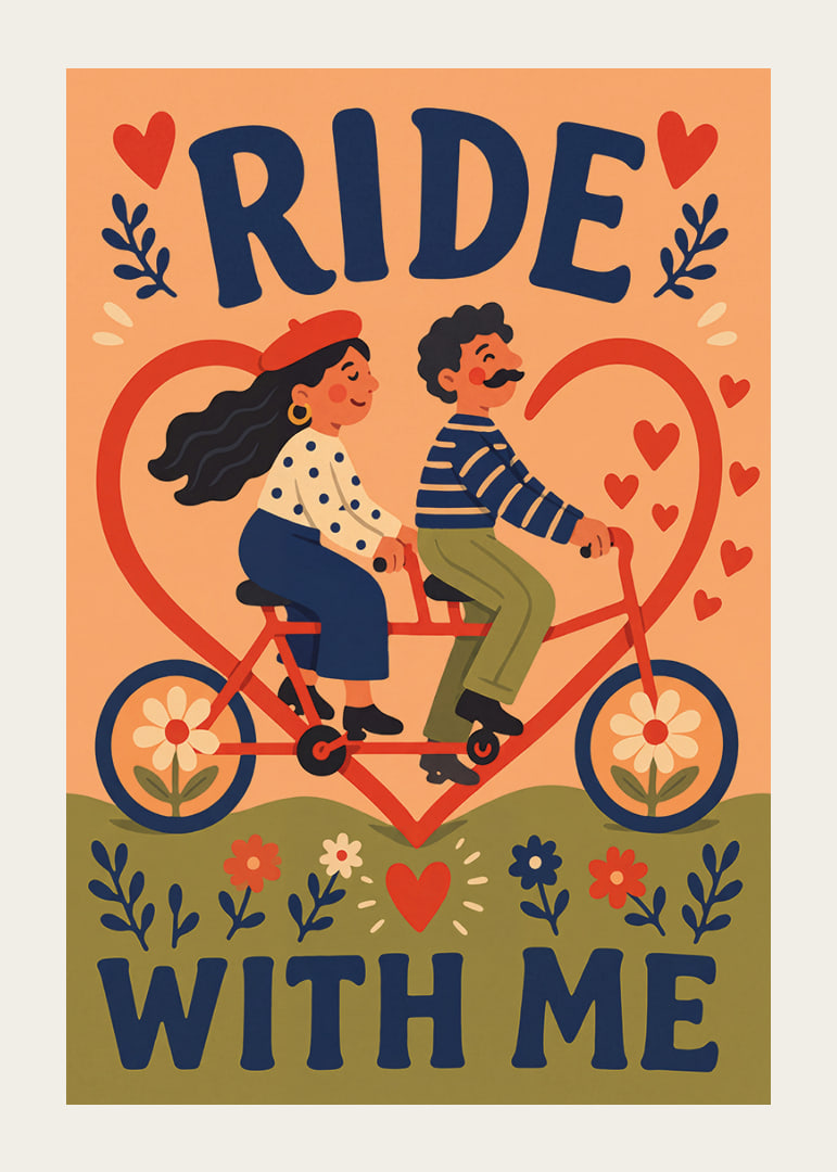 Een charmante illustratie van een stel op een tandemfiets, omringd door hartjes en bloemen.-12
