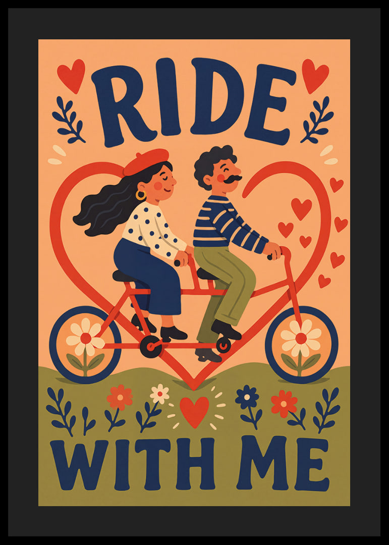 Een charmante illustratie van een stel op een tandemfiets, omringd door hartjes en bloemen.-12