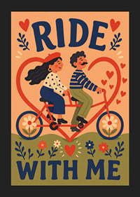 Een charmante illustratie van een stel op een tandemfiets, omringd door hartjes en bloemen.-5