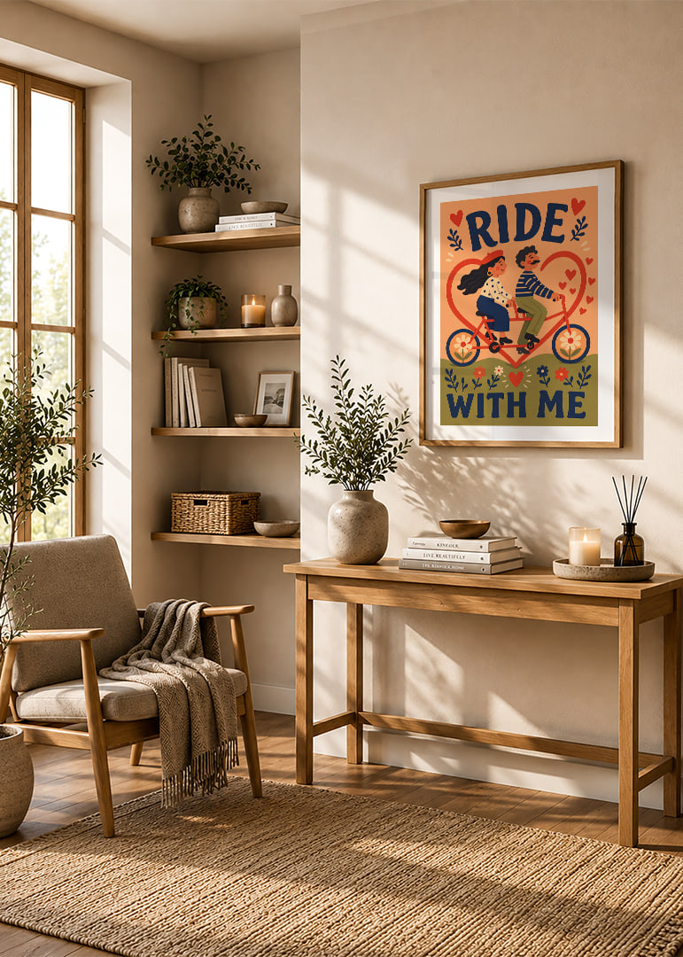Een charmante illustratie van een stel op een tandemfiets, omringd door hartjes en bloemen.-12