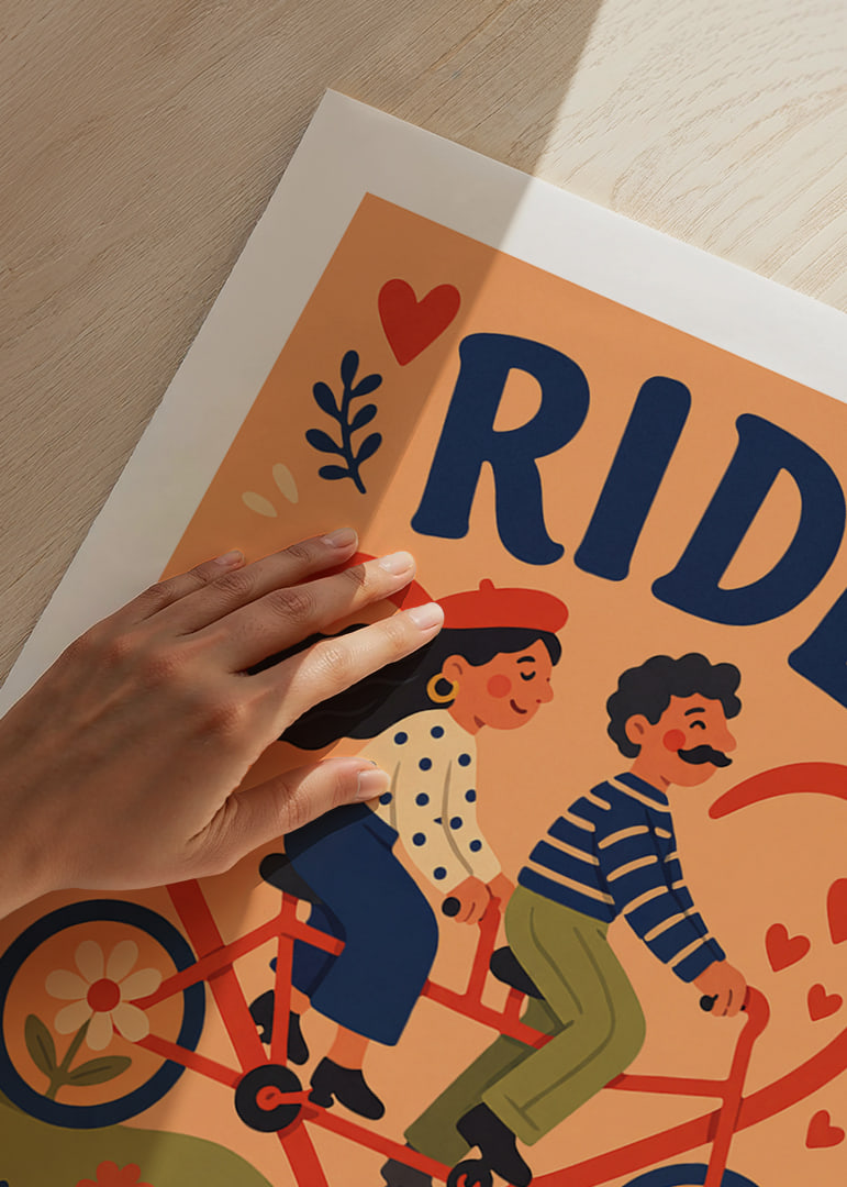 Een charmante illustratie van een stel op een tandemfiets, omringd door hartjes en bloemen.-12