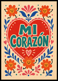 Punane süda looga "Mi Corazón", tantsivate lillede ja rõõmsa rahvaliku romantikaga.-6