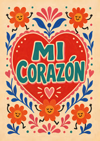 Punane süda looga "Mi Corazón", tantsivate lillede ja rõõmsa rahvaliku romantikaga.-7