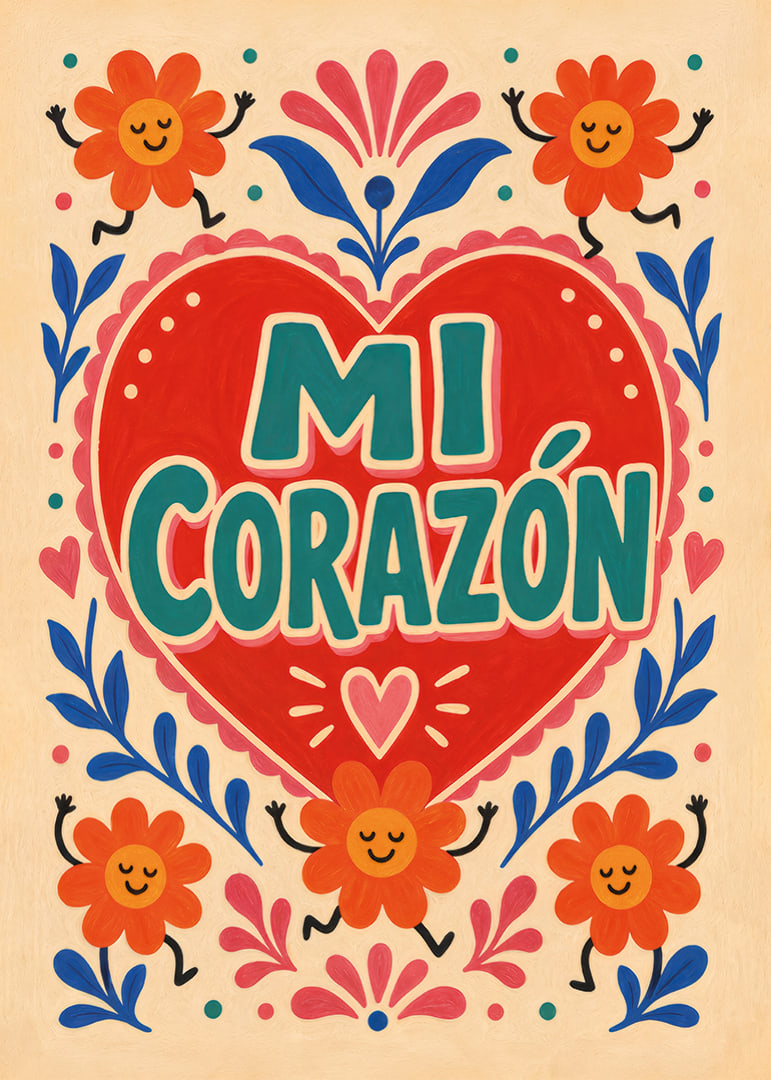 Punane süda looga "Mi Corazón", tantsivate lillede ja rõõmsa rahvaliku romantikaga.-12