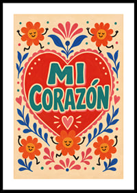 Punane süda looga "Mi Corazón", tantsivate lillede ja rõõmsa rahvaliku romantikaga.-0