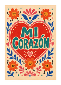Punane süda looga "Mi Corazón", tantsivate lillede ja rõõmsa rahvaliku romantikaga.-1